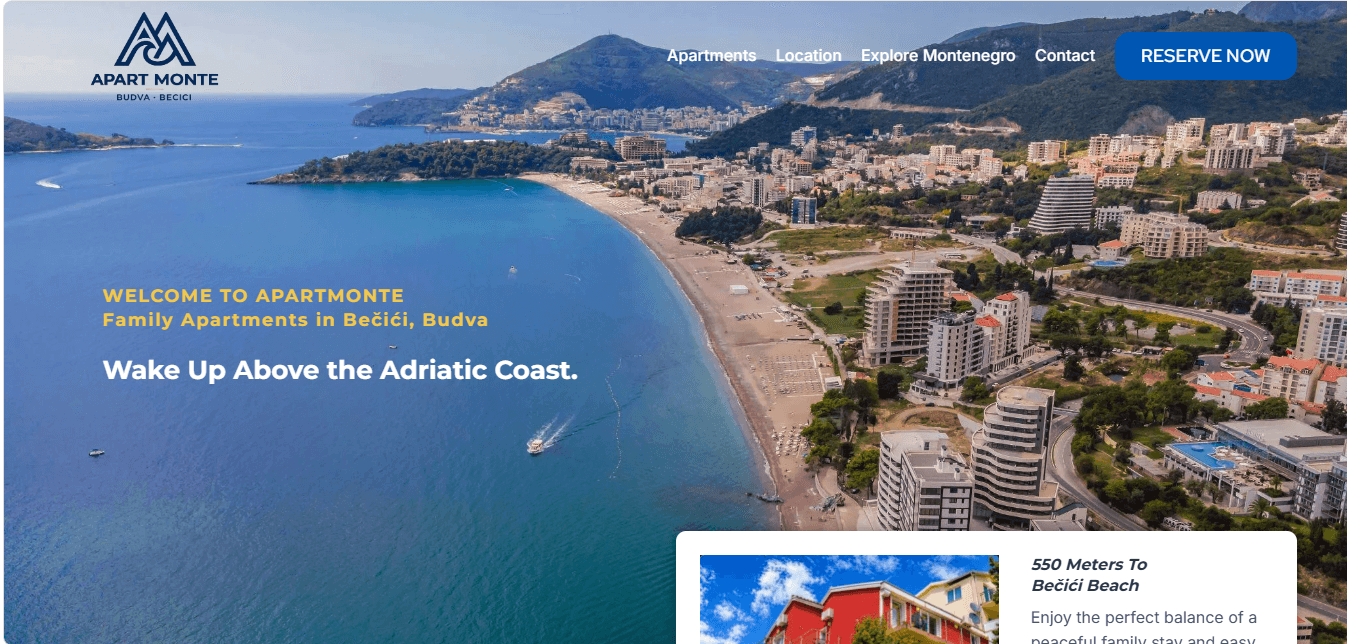 Olive Technic portfolio project homepage for ApartMonte family apartments website in Becici Budva