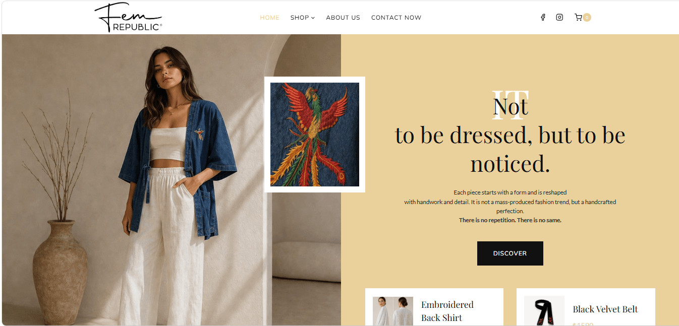Olive Technic portfolio project homepage for Fem Republic e-commerce fashion website